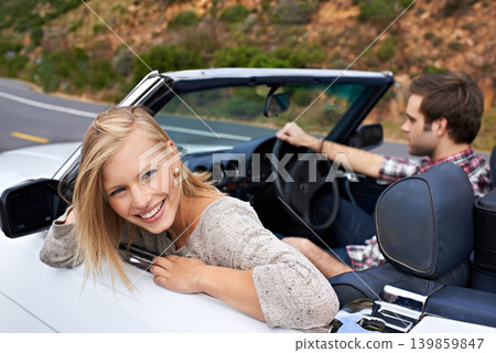 Couple, convertible and driving on road or travel in California or adventure journey, summer or vacation. Man, woman and environment on mountain or relaxing trip with transport, weekend or happy Couple, convertible and driving on road or travel in California or adventure journey, summer or vacation. Man, woman and environment on mountain or relaxing trip with transport, weekend or happy 139859847