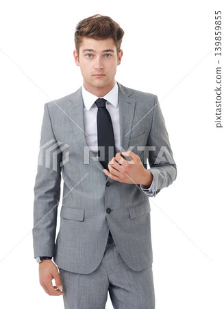 Studio, portrait and young businessman with fashion suit for confident professional by white background. Lawyer, positive and face with pride in law career and corporate style for workplace in mockup Studio, portrait and young businessman with fashion suit for confident professional by white background. Lawyer, positive and face with pride in law career and corporate style for workplace in mockup 139859855