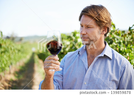 Man, farmer and vineyard with glass of wine for quality control, agriculture and sustainable winery. Vintage, red drink and nature in New Zealand, grape fields and small business for organic alcohol 139859878