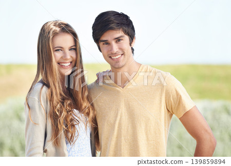 Couple, portrait and smile in nature, love and care in relationship on outdoor date. Happy people, together and relax on holiday or vacation, bonding and romance on adventure and travel for getaway Couple, portrait and smile in nature, love and care in relationship on outdoor date. Happy people, together and relax on holiday or vacation, bonding and romance on adventure and travel for getaway 139859894