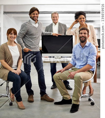 Happy, computer screen and business people in portrait for friendly and technology at work for connection. Web designer, staff and positive face for collaboration with support and mock up in office Happy, computer screen and business people in portrait for friendly and technology at work for connection. Web designer, staff and positive face for collaboration with support and mock up in office 139859916
