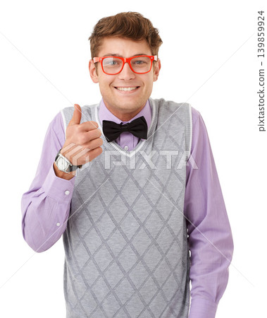 Portrait, thumbs up and glasses with nerd man in studio isolated on white background for agreement. Smile, yes or like with happy and confident young geek in eyewear for success, support or thank you Portrait, thumbs up and glasses with nerd man in studio isolated on white background for agreement. Smile, yes or like with happy and confident young geek in eyewear for success, support or thank you 139859924