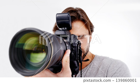 Man, camera lens and photographer with technology in studio, press or media for news on white background. Photography, photo journalist and creative with paparazzi, equipment and closeup in studio Man, camera lens and photographer with technology in studio, press or media for news on white background. Photography, photo journalist and creative with paparazzi, equipment and closeup in studio 139860001