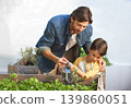 Parent, kid and water plants in greenhouse for organic vegetables, sustainability and healthy greenery. Father, son and teach to grow greenery, garden and nurture agriculture for environment 139860051