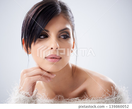 Woman, makeup and beauty or glow in studio, facial treatment and cosmetic shine on white background. Female person, serious and eyeliner for attitude, confident and pride for skincare or dermatology Woman, makeup and beauty or glow in studio, facial treatment and cosmetic shine on white background. Female person, serious and eyeliner for attitude, confident and pride for skincare or dermatology 139860052