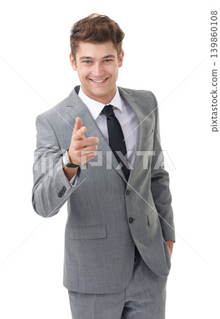 Portrait, smile and pointing at you with businessman in studio isolated on white background for interview or opportunity. Vote, decision and confident employee in suit for human resources recruitment Portrait, smile and pointing at you with businessman in studio isolated on white background for interview or opportunity. Vote, decision and confident employee in suit for human resources recruitment 139860108