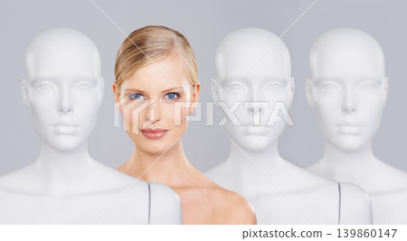 Woman, mannequins and portrait for identity, skincare and individuality on studio background. Person, beauty and dummy with face for creativity and cosmetics or unique ideas for satisfaction and skin 139860147