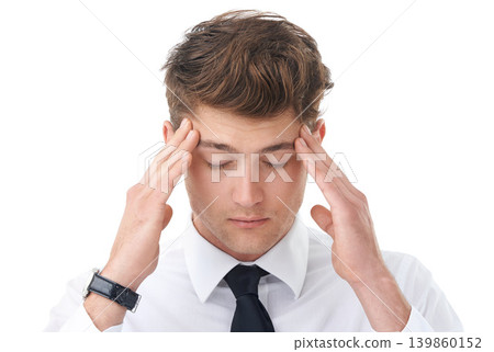 Businessman, hands and temple headache or pain in studio as corporate lawyer or burnout, fatigue or migraine. Male person, stress and brain fog or white background for overtime, vertigo or mockup 139860152