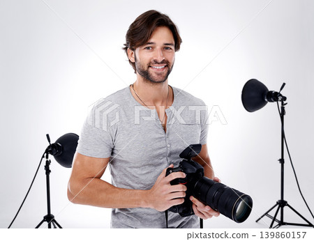 Photography, portrait and happy with camera in studio for career, behind the scenes and backpack. Photographer, person or smile with equipment, mockup space or shooting gear for photoshoot or passion Photography, portrait and happy with camera in studio for career, behind the scenes and backpack. Photographer, person or smile with equipment, mockup space or shooting gear for photoshoot or passion 139860157