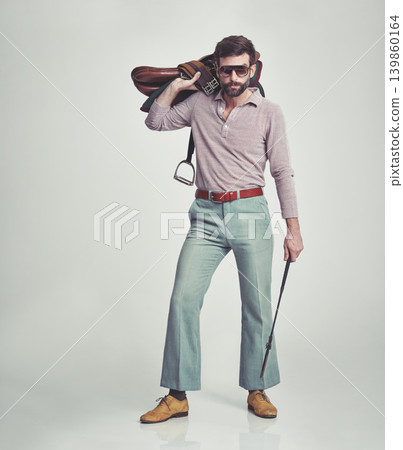 Vintage, man and saddle with riding crop in studio for hobby, leisure and confidence with sunglasses. Equestrian, person and 70s style, hipster clothes or retro outfit for fashion on white background 139860164
