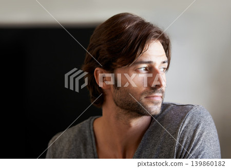 Man, thinking and vision of future, home and ideas while planning for vacation, holiday and trip. Mockup, guy and eyes with calm while wondering about possibilities, rest and relaxation in Argentina Man, thinking and vision of future, home and ideas while planning for vacation, holiday and trip. Mockup, guy and eyes with calm while wondering about possibilities, rest and relaxation in Argentina 139860182
