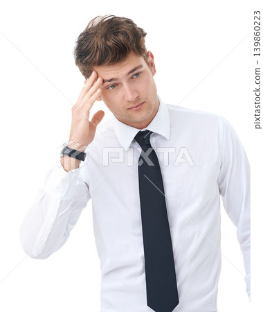 Studio, headache and young businessman frustrated on mockup and professional with migraine. Attorney, mistake or fatigue with burnout for law career, work or legal case fail by white background 139860223