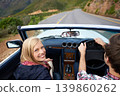 Couple, driving and convertible steering wheel on mountain from behind for vacation happy, adventure or holiday. Man, woman and portrait on transportation in California for travel, relax or nature 139860262