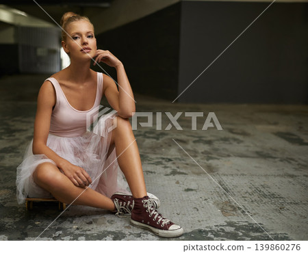 Ballet, city and portrait of woman with skateboard and sneakers for edgy fashion, trendy outfit and hipster style. Parking lot, aesthetic and ballerina on floor for dance hobby, sports and skating Ballet, city and portrait of woman with skateboard and sneakers for edgy fashion, trendy outfit and hipster style. Parking lot, aesthetic and ballerina on floor for dance hobby, sports and skating 139860276