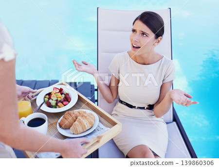 Woman, customer and angry with food service, upset and conversation with complain and nutrition. Client, swimming pool and lady frustrated with meal or hospitality industry with wrong order or review Woman, customer and angry with food service, upset and conversation with complain and nutrition. Client, swimming pool and lady frustrated with meal or hospitality industry with wrong order or review 139860306