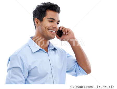Professional, man and thinking with phone call for communication, networking and consulting in studio. Happy business advisor or employee speaking on mobile with chat and advice on a white background Professional, man and thinking with phone call for communication, networking and consulting in studio. Happy business advisor or employee speaking on mobile with chat and advice on a white background 139860312