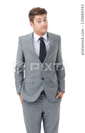 Studio, portrait and young businessman for confused professional with shrug and decision by white background. Lawyer, doubt and face with confusion in mock up and corporate consultant in law career Studio, portrait and young businessman for confused professional with shrug and decision by white background. Lawyer, doubt and face with confusion in mock up and corporate consultant in law career 139860343