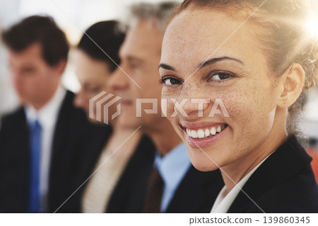 Business woman, face and happy with leadership at law firm, pride and ambition with attorney. Corporate lawyer in portrait, smile for career in justice and supervisor in professional at office 139860345