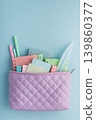 Pastel school supplies filling a quilted pencil case 139860377