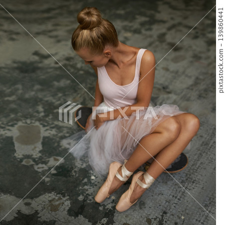 Skater, ballet and above of woman with skateboard for edgy fashion, trendy outfit and hipster style. Parking lot, funky aesthetic and ballerina on floor for dance hobby, sports and skating skill Skater, ballet and above of woman with skateboard for edgy fashion, trendy outfit and hipster style. Parking lot, funky aesthetic and ballerina on floor for dance hobby, sports and skating skill 139860441