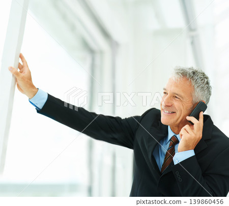 Phone call, smile and thinking with mature businessman in office for communication or networking. Future, planning and vision with happy professional manager in corporate workplace for conversation 139860456