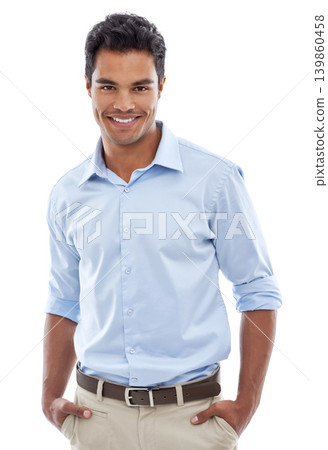 Portrait, smile and business man in studio with professional, confidence and career on a white background. Happy Mexican person, accountant or employee in shirt for formal fashion, clothes and style Portrait, smile and business man in studio with professional, confidence and career on a white background. Happy Mexican person, accountant or employee in shirt for formal fashion, clothes and style 139860458