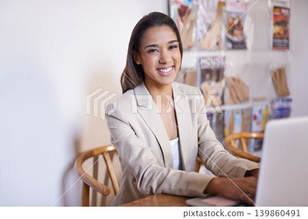 Office, laptop and portrait of business woman typing email for networking, communication and contact. Professional, creative workplace and person on computer for online proposal, internet and website 139860491