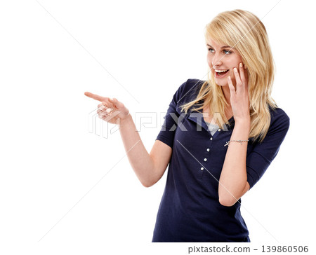 Woman, pointing at mockup space and advertising, information or news with communication platform in studio. Marketing, announcement or about us with presentation for promo and ads on white background Woman, pointing at mockup space and advertising, information or news with communication platform in studio. Marketing, announcement or about us with presentation for promo and ads on white background 139860506