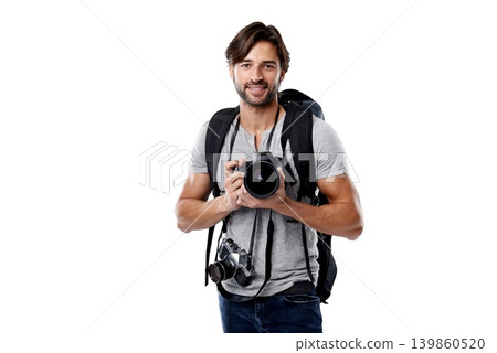 Photographer, portrait and backpack with camera in studio for career, behind the scenes and happy. Photography, person or smile with equipment, mockup space or shooting gear for photoshoot or passion 139860520