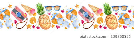 Border with ice cream, pineapple and beach holiday items. Watercolor horizontal pattern with hand drawn tropical fruits. Bright illustration for printing, postcards, packaging Border with ice cream, pineapple and beach holiday items. Watercolor horizontal pattern with hand drawn tropical fruits. Bright illustration for printing, postcards, packaging 139860535