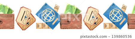 Watercolor border with tickets, a passport, and a wallet. Horizontal hand drawn pattern with tourism and recreation items. Bright illustration for printing, postcards, packaging 139860536