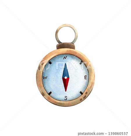 Compass, isolated watercolor illustration. Vibrant navigational item for tourism and recreation, hand-drawn in blue and brown. Marine equipment for printing, postcards, and packaging. Compass, isolated watercolor illustration. Vibrant navigational item for tourism and recreation, hand-drawn in blue and brown. Marine equipment for printing, postcards, and packaging. 139860537
