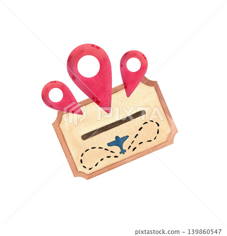 Watercolor illustration of a ticket with a map marker, isolated. Hand-drawn brown colored ticket with a map marker for travel planning and travel services. Watercolor illustration of a ticket with a map marker, isolated. Hand-drawn brown colored ticket with a map marker for travel planning and travel services. 139860547