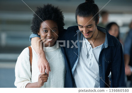 University, college and portrait of couple in hallway for learning, studying and knowledge. Education, academy and black woman and man hug, embrace and walking on campus for bonding, relax and fun 139860580