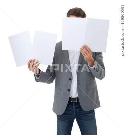 Businessman, face and poster or mockup in studio as entrepreneur or announcement, billboard or placard. Person, paper banner and white background or empty cardboard or advertising, news or review 139860592