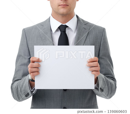 Hands, poster and marketing with business man in studio isolated on white background for closeup advertising. Corporate, mock up and space for information with employee holding sign or placard 139860603