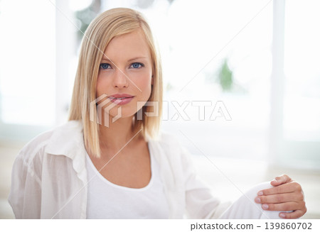 Relax, calm and portrait of woman in living room for peace, comfortable and self care. Health, zen and weekend with face of a young female person at home for confidence, morning and apartment Relax, calm and portrait of woman in living room for peace, comfortable and self care. Health, zen and weekend with face of a young female person at home for confidence, morning and apartment 139860702