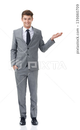 Studio, business and portrait of happy man with presentation, smile and mockup for offer, choice or decision. Announcement, opportunity or promotion with businessman showing space on white background Studio, business and portrait of happy man with presentation, smile and mockup for offer, choice or decision. Announcement, opportunity or promotion with businessman showing space on white background 139860709