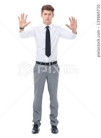 Portrait, business and man with hands up, stop and employee isolated on white studio background. Person, mockup space and professional with hand gesture and warning with rejection, deny ir consultant Portrait, business and man with hands up, stop and employee isolated on white studio background. Person, mockup space and professional with hand gesture and warning with rejection, deny ir consultant 139860710