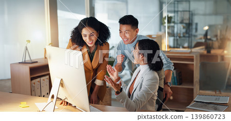 Business, people and celebrate for teamwork success, support and collaboration with computer in office. Celebration, man and women happy together with pride or congratulations for work feedback Business, people and celebrate for teamwork success, support and collaboration with computer in office. Celebration, man and women happy together with pride or congratulations for work feedback 139860723