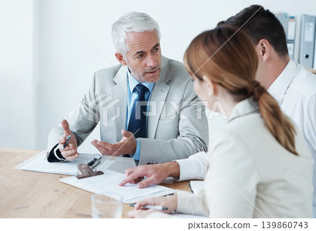 Contract, negotiation and people in meeting with legal, policy and lawyer with advice for business. Attorney, discussion and paperwork for lawsuit, deal and documents with checklist for compliance Contract, negotiation and people in meeting with legal, policy and lawyer with advice for business. Attorney, discussion and paperwork for lawsuit, deal and documents with checklist for compliance 139860743