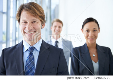Teamwork, portrait and happy business people in office for legal company, management and collaboration. Corporate lawyers, professional attorney and men and woman for partnership, law firm and career 139860779