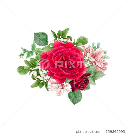 Watercolor illustration of a bouquet of delicate roses and other flowers, hand-drawn. Watercolor illustration of a bouquet of delicate roses and other flowers, hand-drawn. 139860993