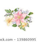 Watercolor illustration of a bouquet of delicate daisy and other flowers, hand-drawn. 139860995