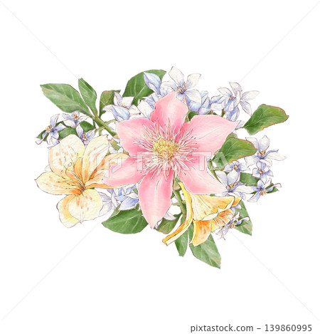 Watercolor illustration of a bouquet of delicate daisy and other flowers, hand-drawn. Watercolor illustration of a bouquet of delicate daisy and other flowers, hand-drawn. 139860995