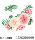 Watercolor illustration of a bouquet of delicate roses and other flowers, hand-drawn. 139860996