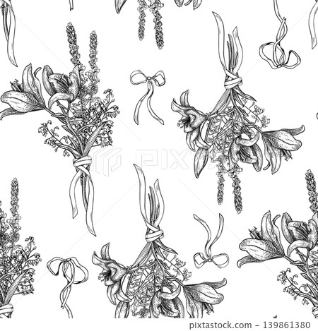 Lilium and meadow flower with coquette bow vector repeat pattern. Seamless botanical print with hand drawn lily bouquet tied by bow. Engraved floral background for textile, wallpaper or gift wrapping. Lilium and meadow flower with coquette bow vector repeat pattern. Seamless botanical print with hand drawn lily bouquet tied by bow. Engraved floral background for textile, wallpaper or gift wrapping. 139861380