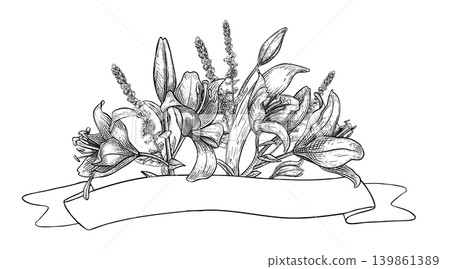 Lily floral bouquet vector illustration with ribbon banner with copy space. Black and white ink drawing of flowers for wedding stationary design. Vintage botanical graphic sketch for christen card. Lily floral bouquet vector illustration with ribbon banner with copy space. Black and white ink drawing of flowers for wedding stationary design. Vintage botanical graphic sketch for christen card. 139861389