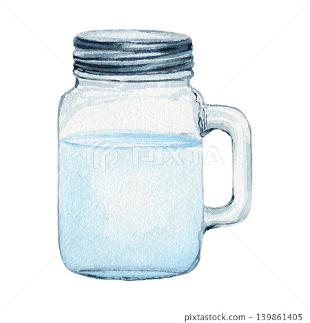 Glass of water. Hand drawn watercolor illustration. Fresh healthy beverage. Watercolor painting for banners, postcards, websites, design, cards 139861405