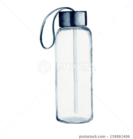 Water bottle. Hand drawn watercolor illustration. Fresh healthy beverage. Watercolor painting for banners, postcards, websites, design, cards 139861406
